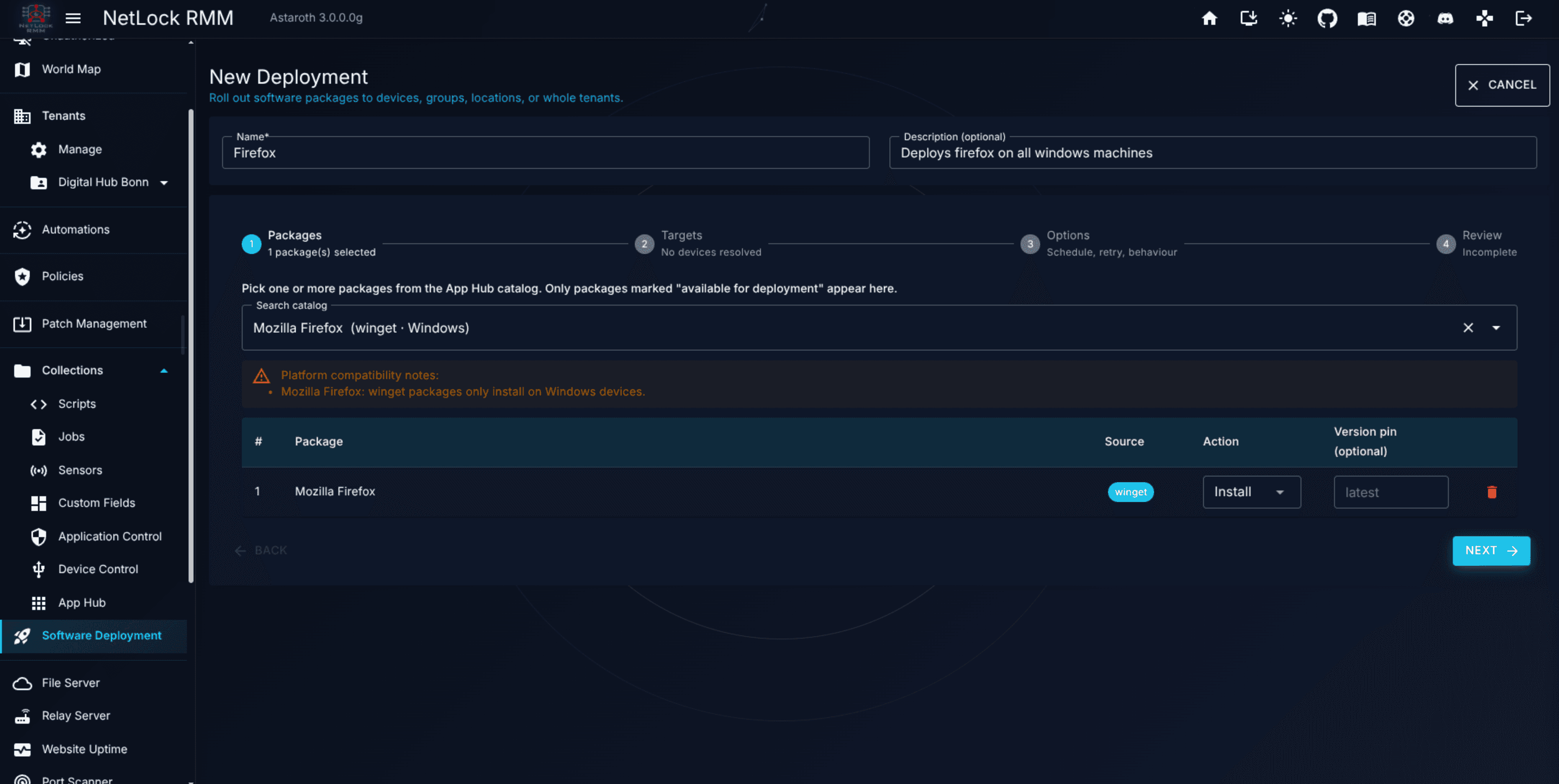 New Deployment wizard Step 1 — Packages