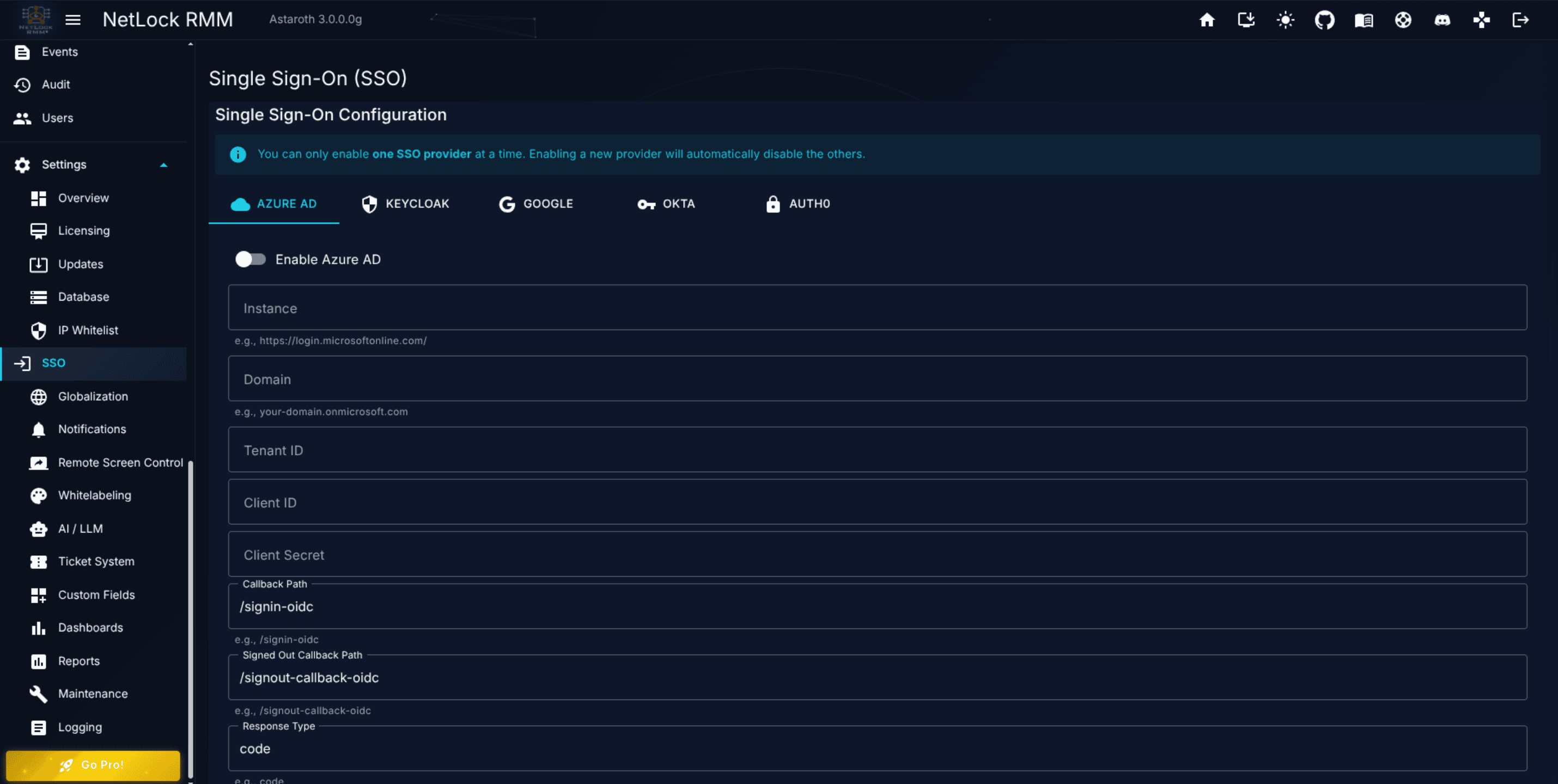 SSO Settings page with the Azure AD tab active and the provider fields visible