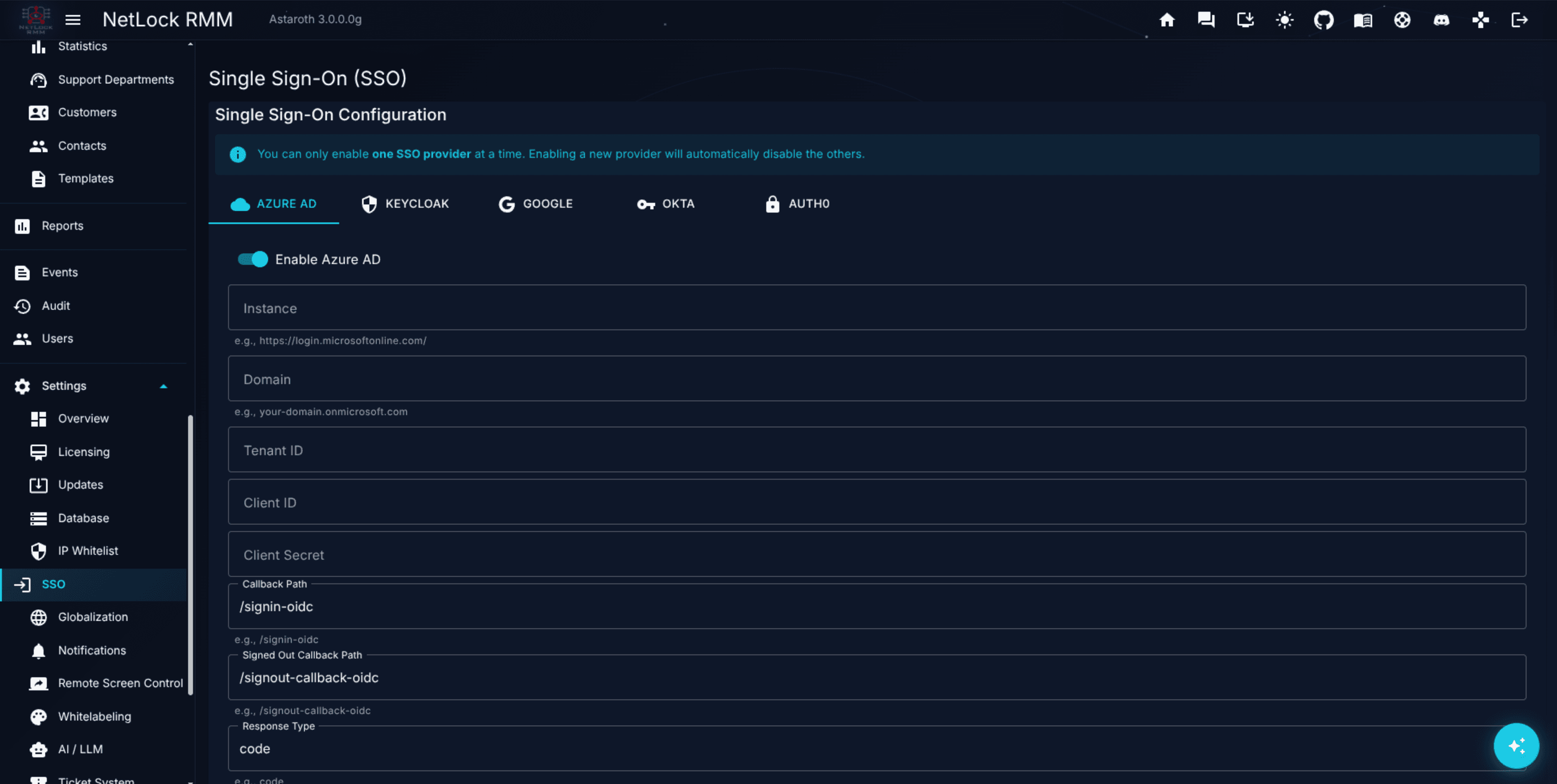 SSO Settings page with the Azure AD tab open