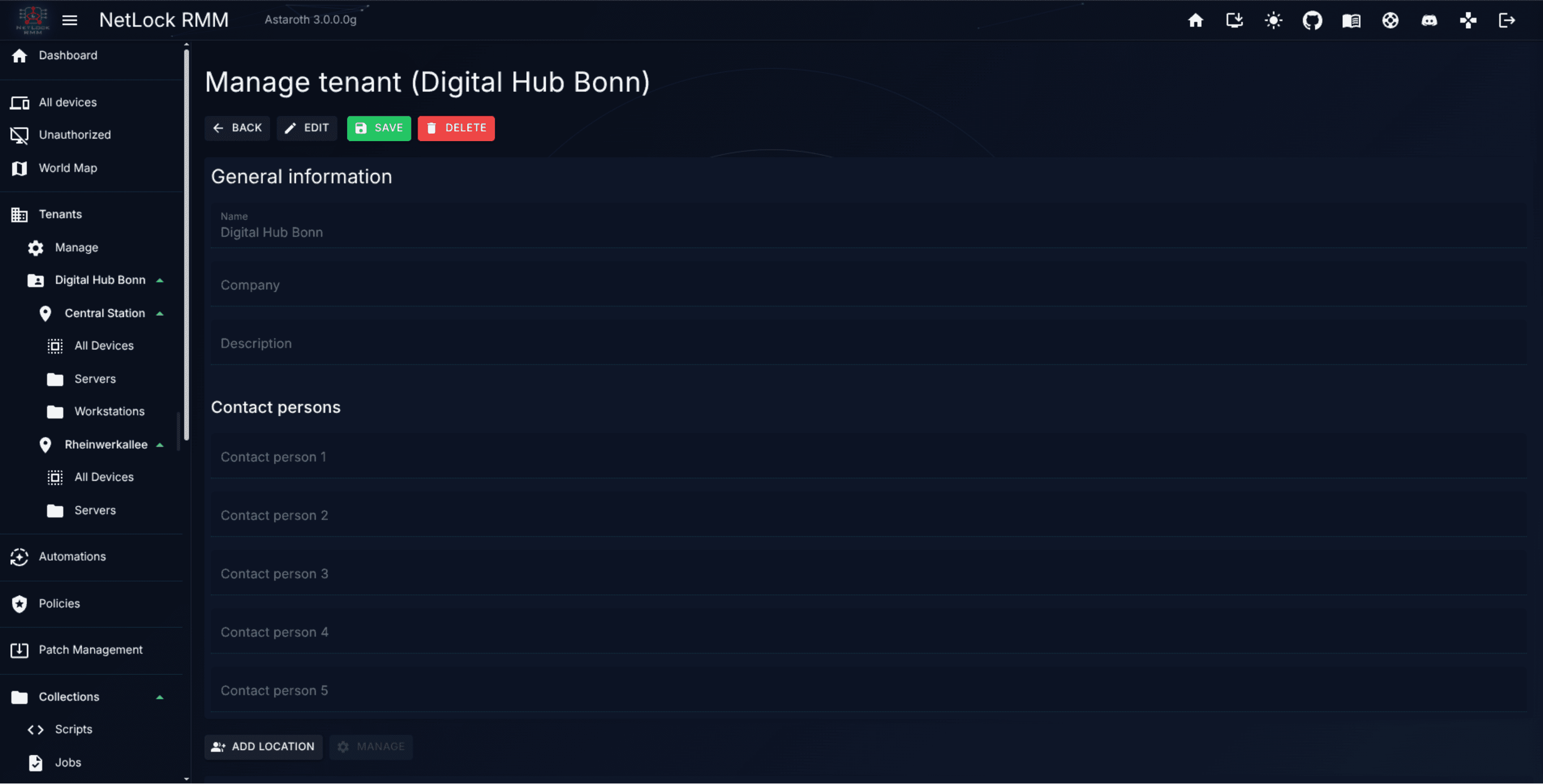 Tenants page with one tenant expanded to show locations and groups