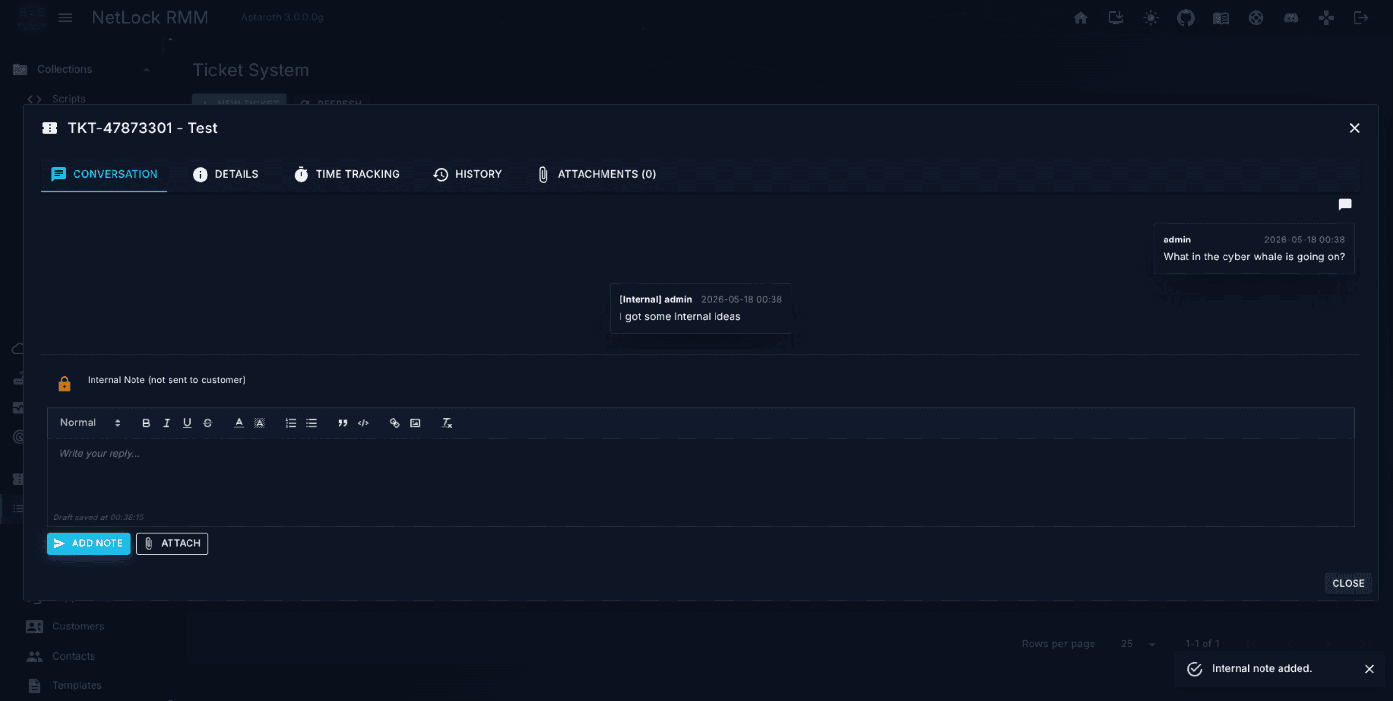 Ticket detail view with the Details tab showing editable fields for status, priority, assignee, department, contact, type, and labels