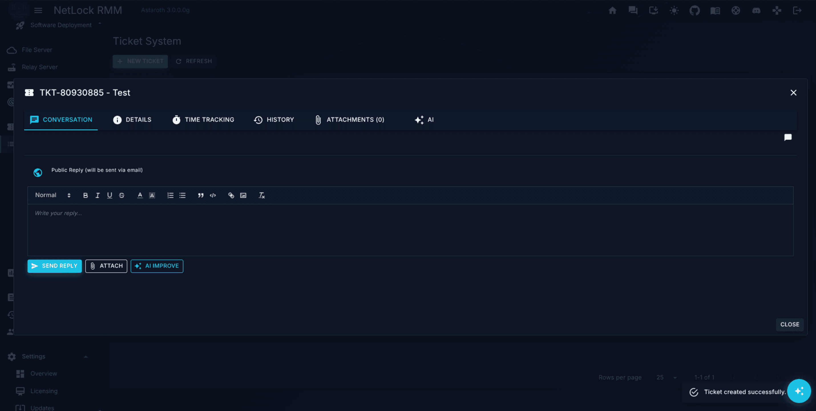 Ticket detail view with the Conversation tab open and a composer at the bottom