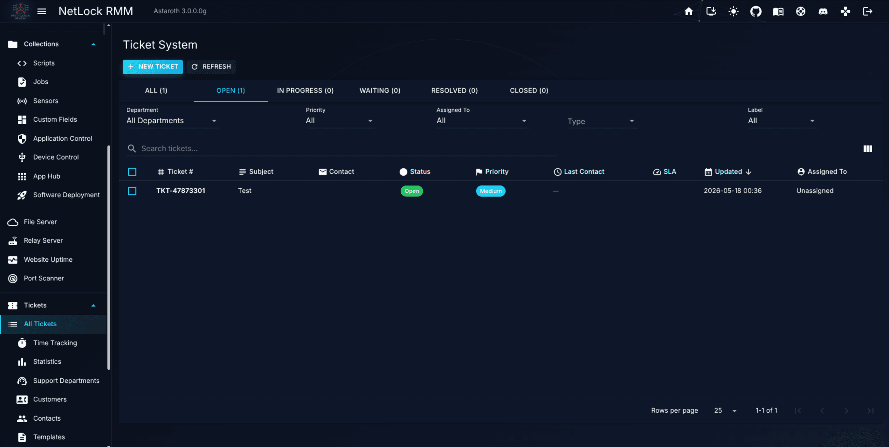 Tickets list with status tabs, filter bar, and a table of open tickets