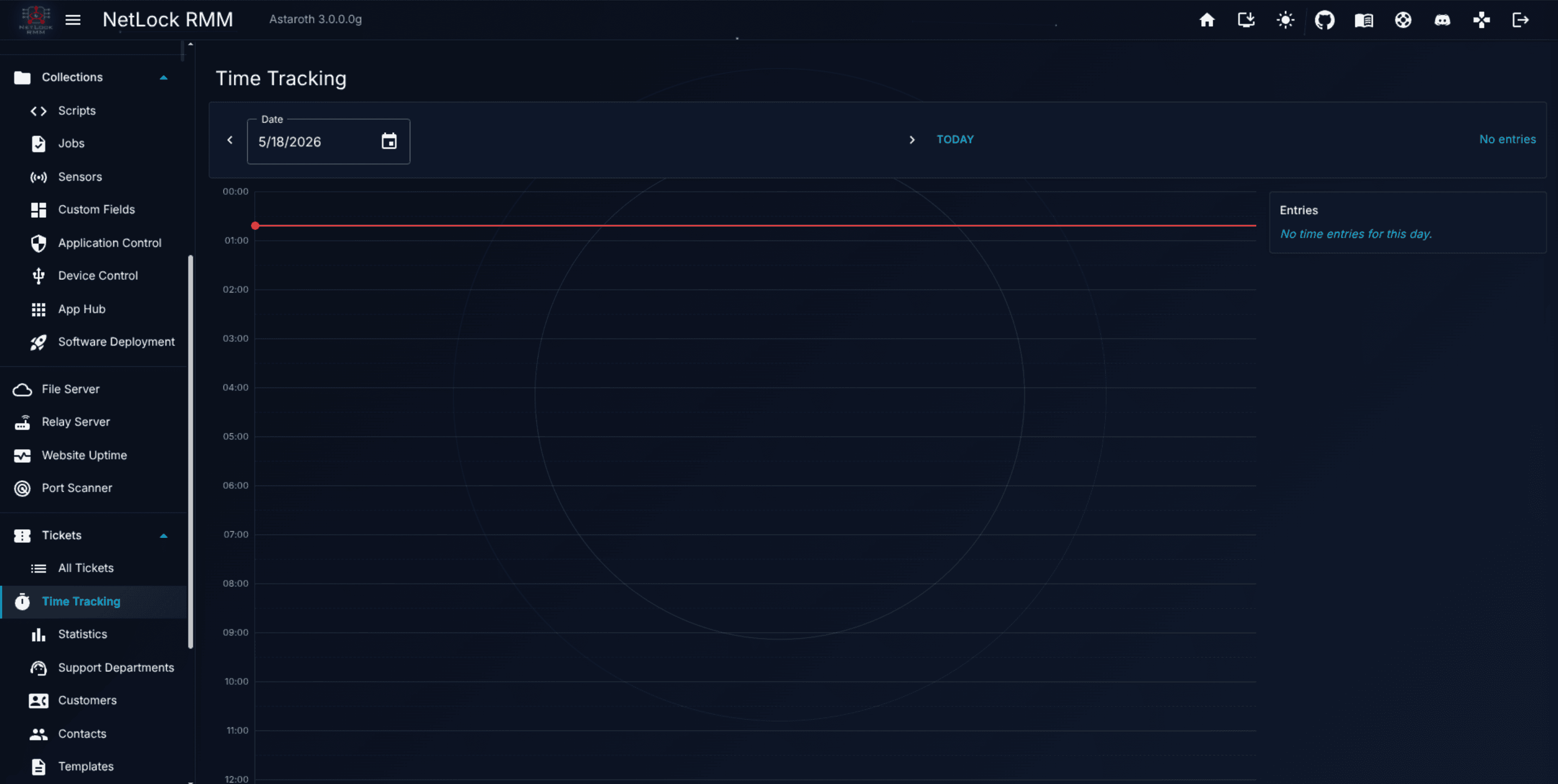 Time Tracking calendar with a 24-hour vertical timeline and coloured blocks for manual and automatic entries