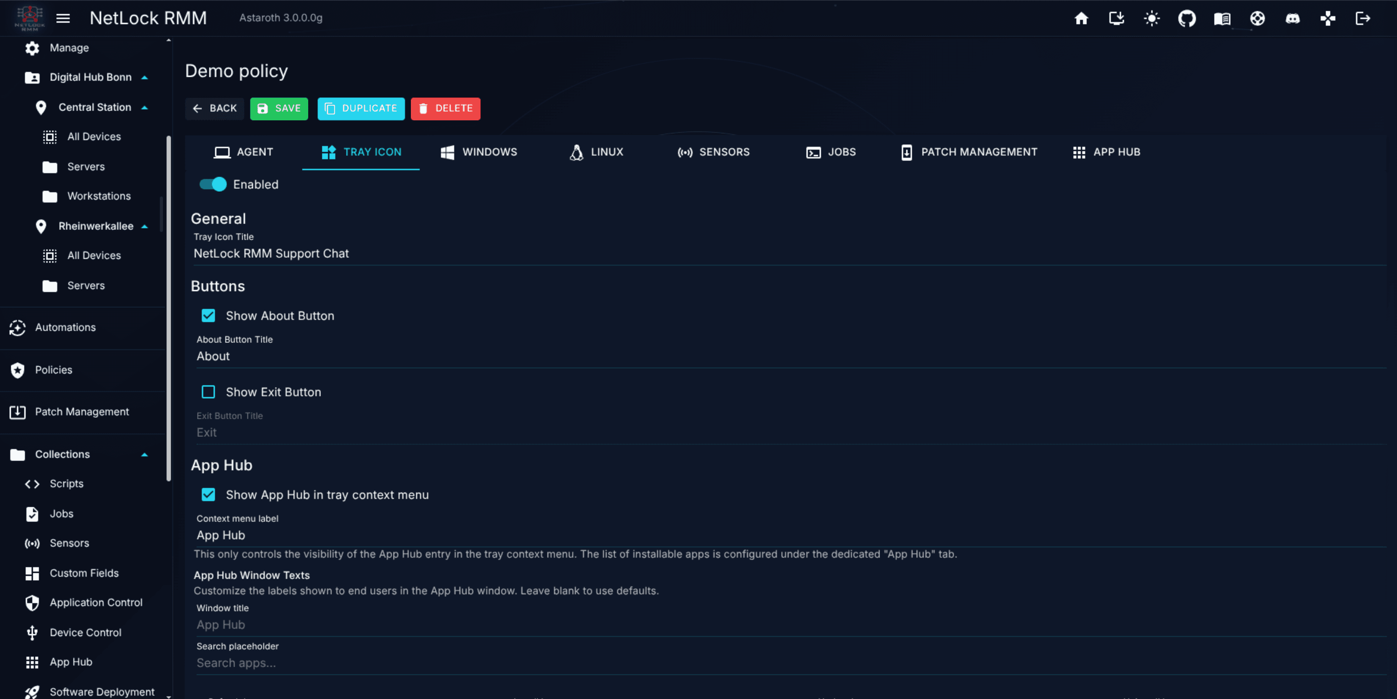 Policy Settings Tray Icon tab with branding settings