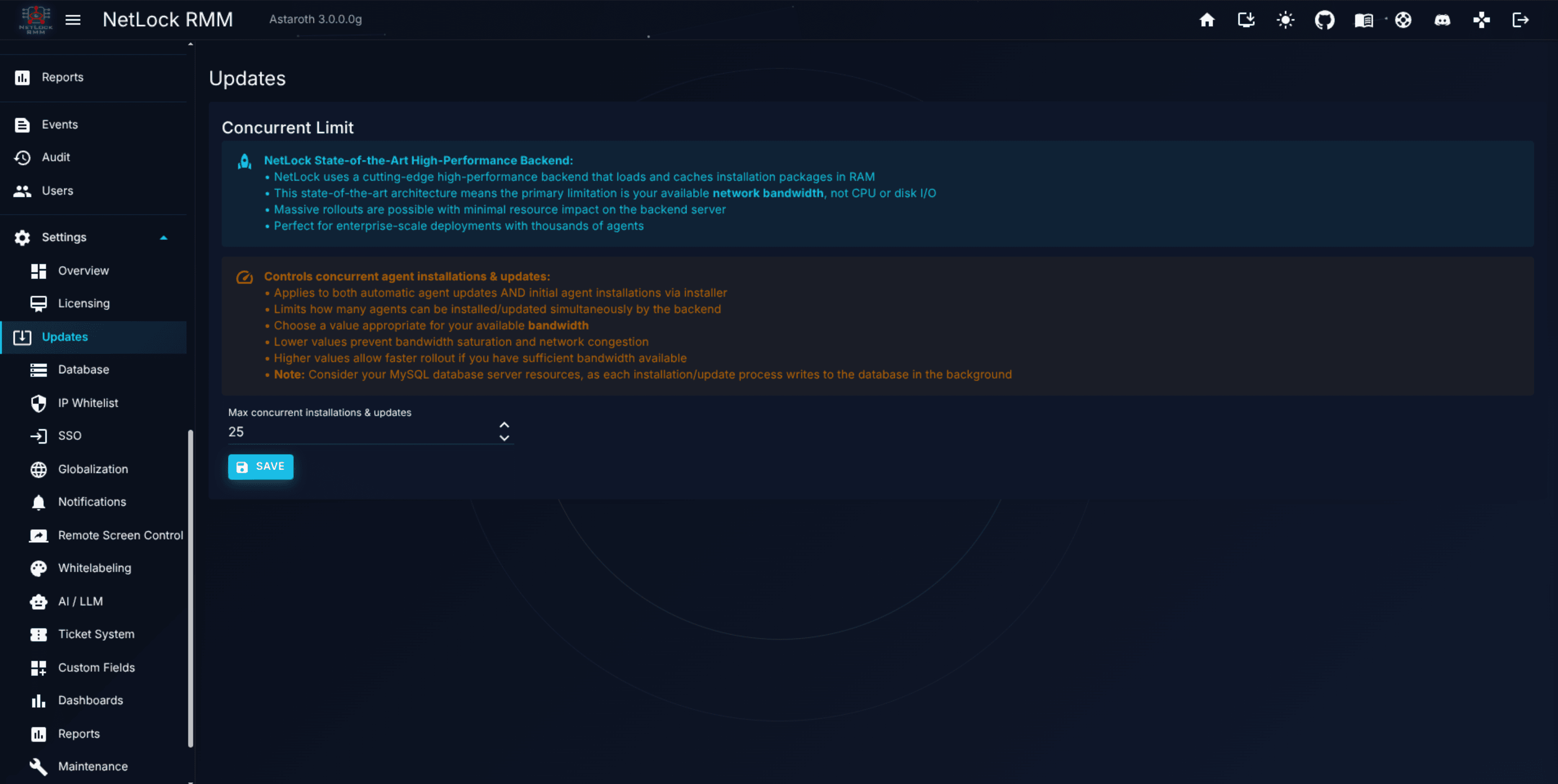 Updates page showing the concurrency slider and the two informational alerts