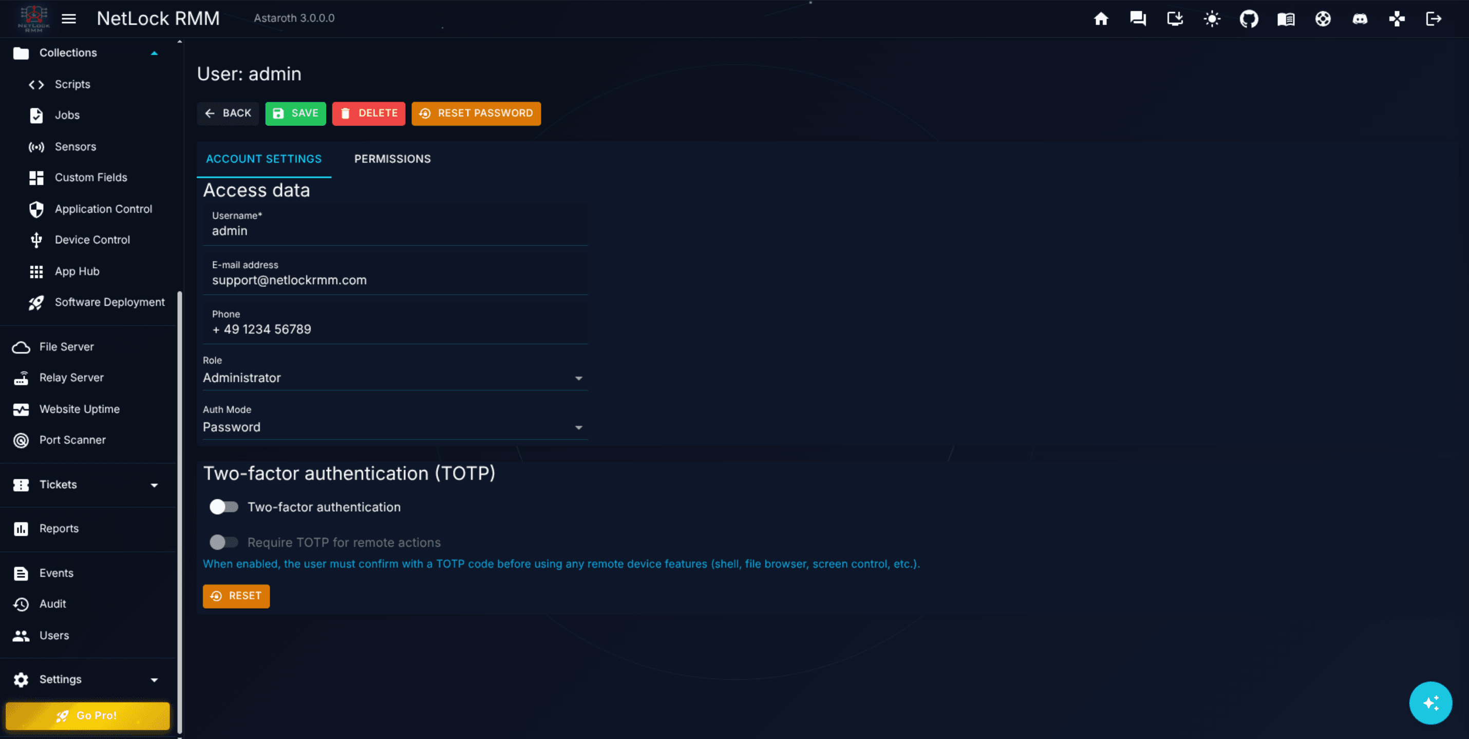 User Settings page with permission matrix visible