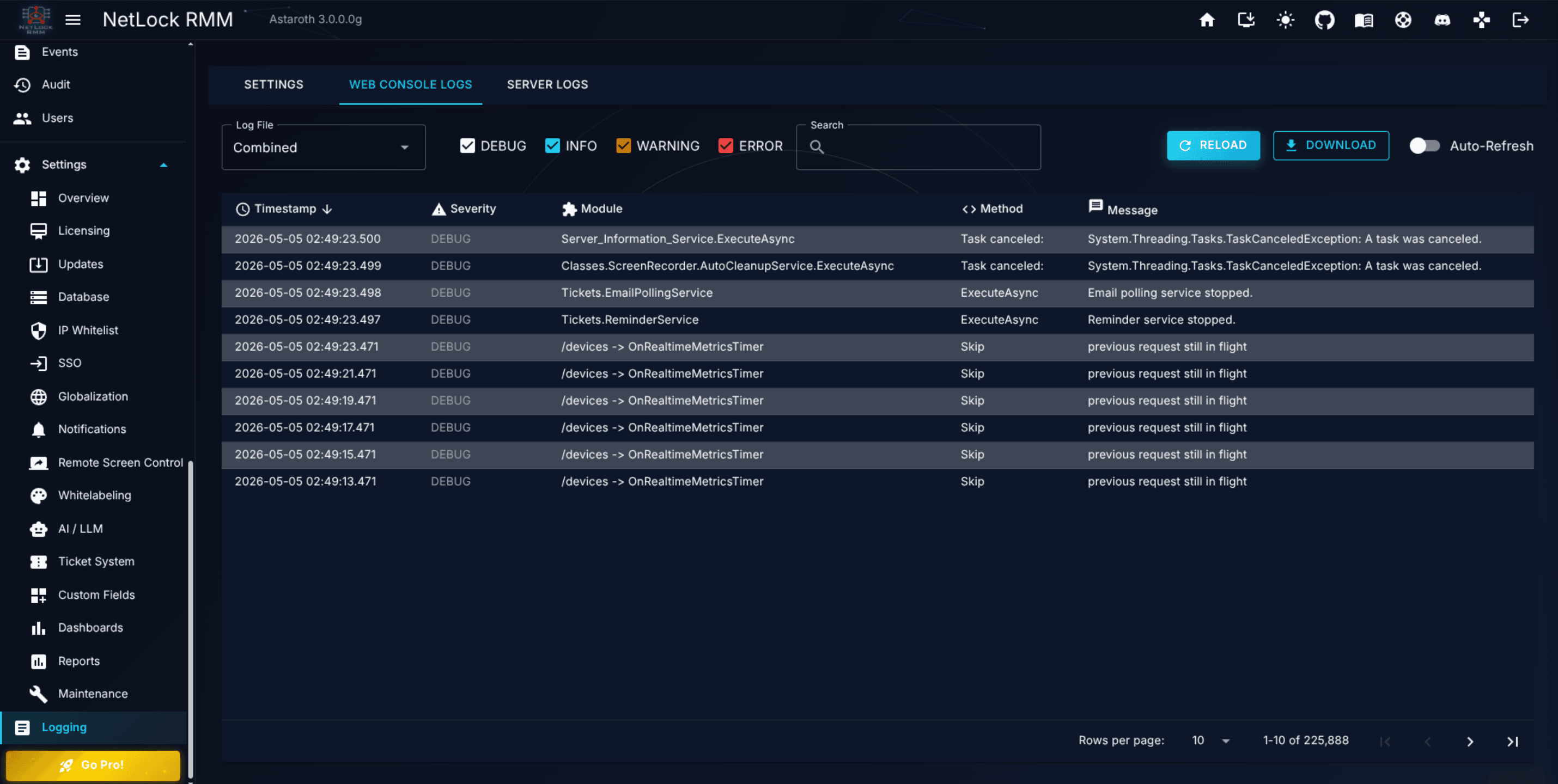 Web Console Logs tab with combined.log selected, severity filters active, and Auto-Refresh running
