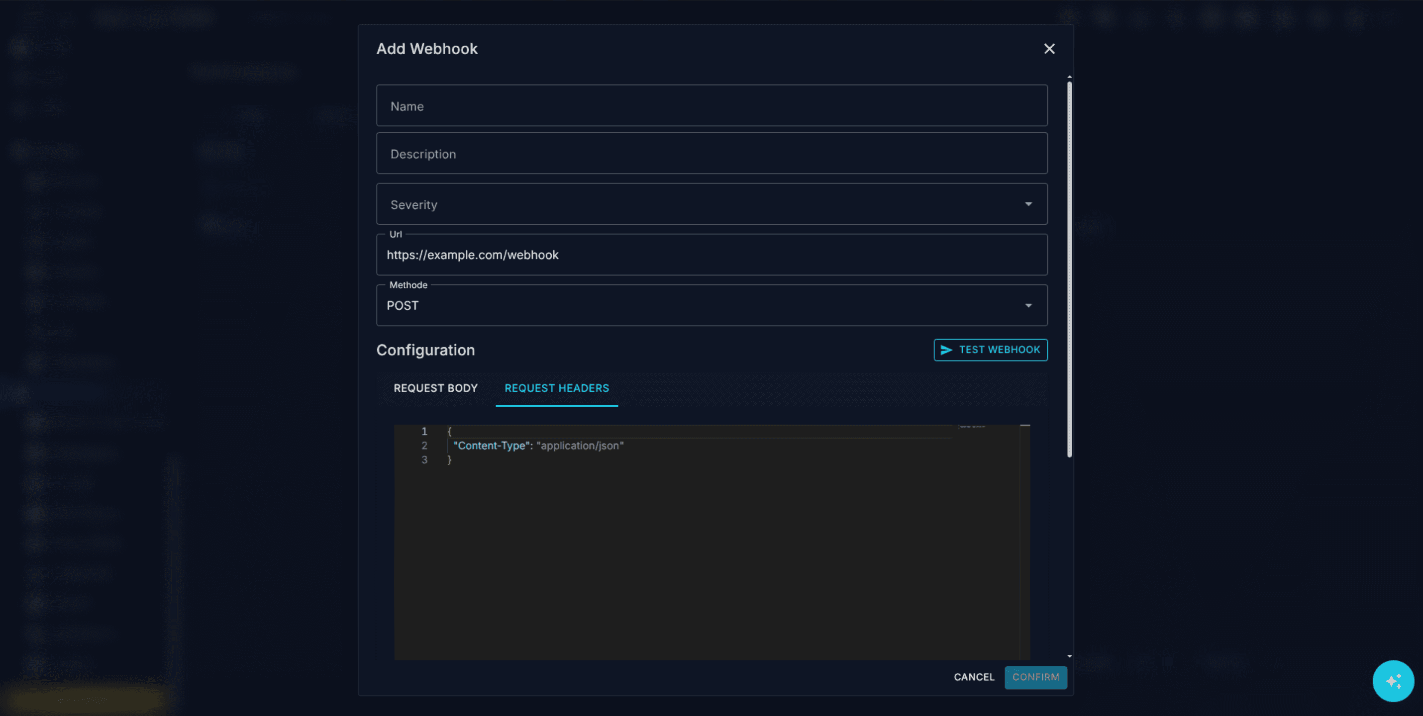 Add Webhook dialog with Monaco editors for Request Body and Request Headers and placeholder help text