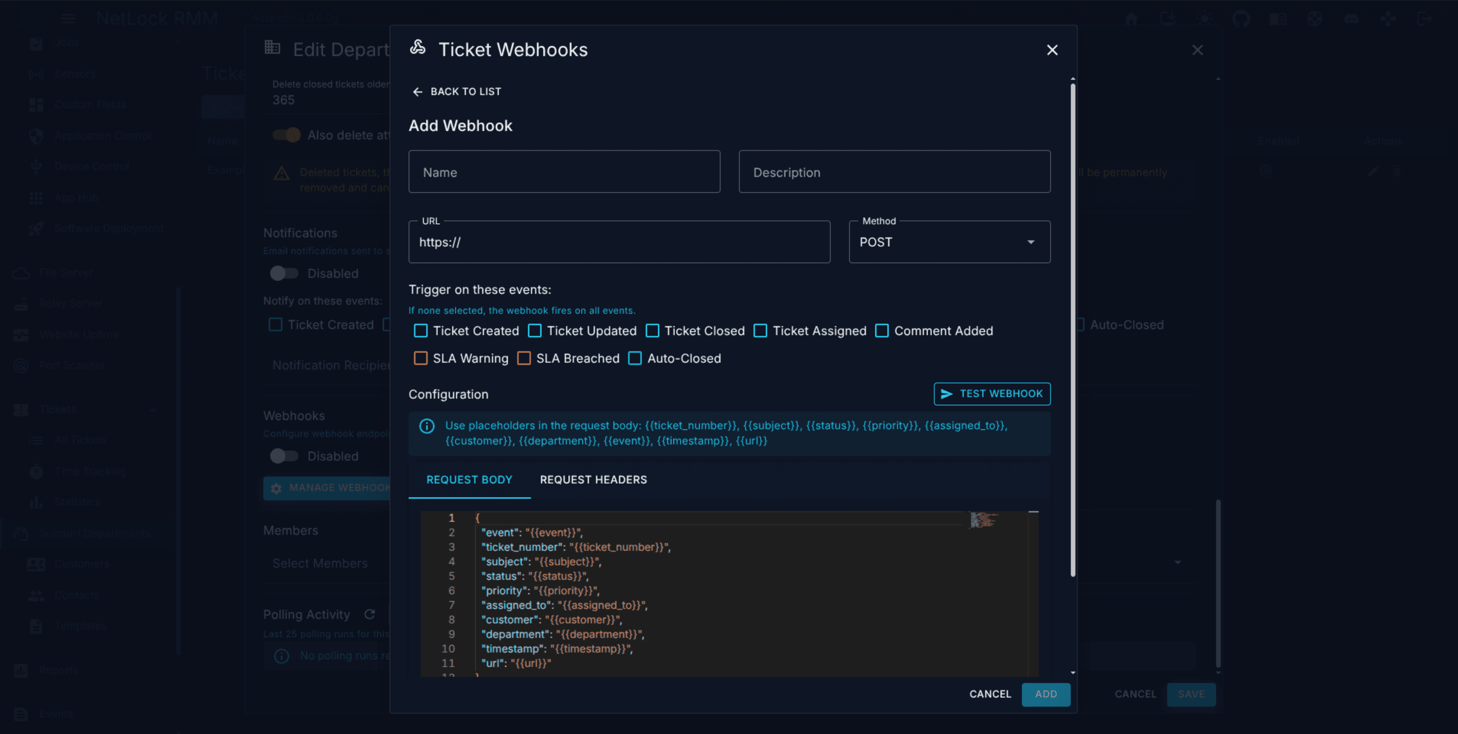 Ticket Webhook dialog with Monaco editors for the JSON request body and headers