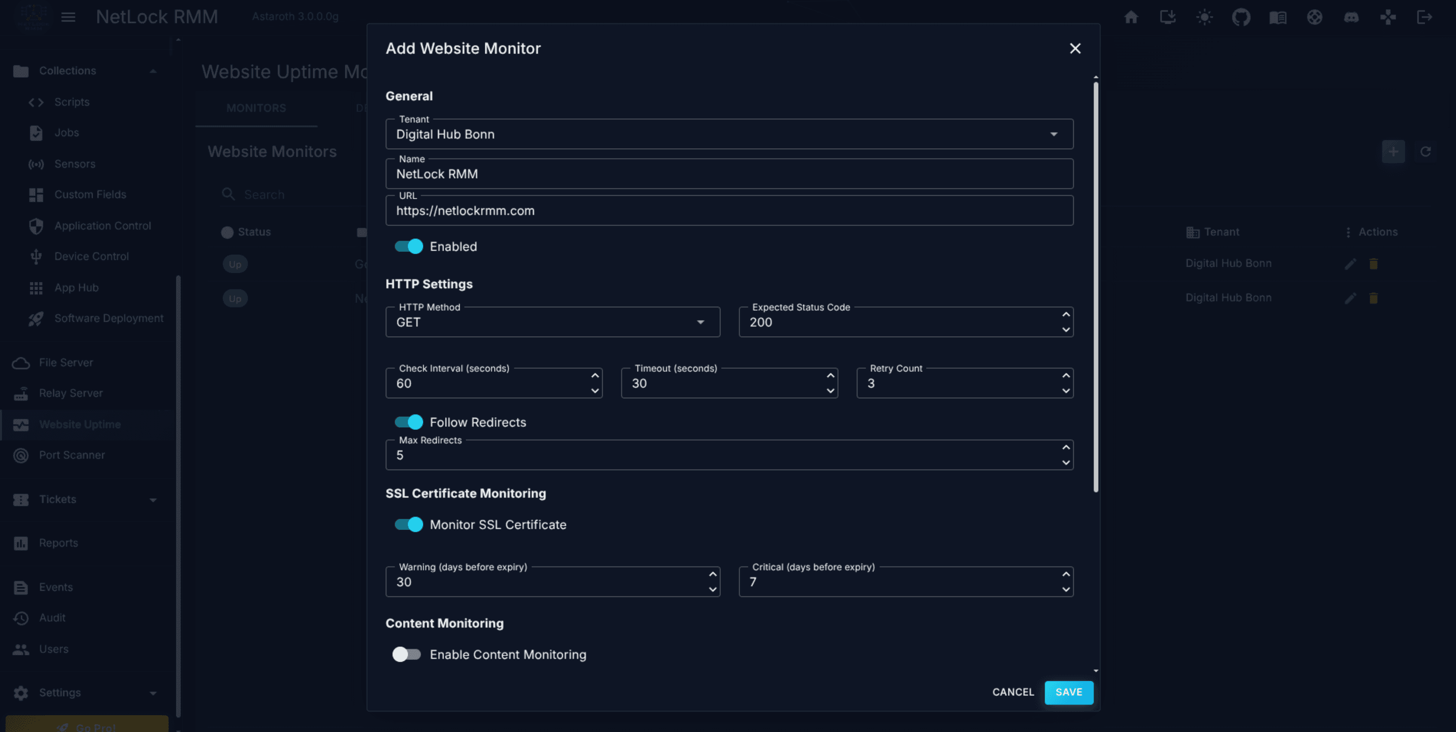 Add Website Uptime Monitor dialog with the General section expanded