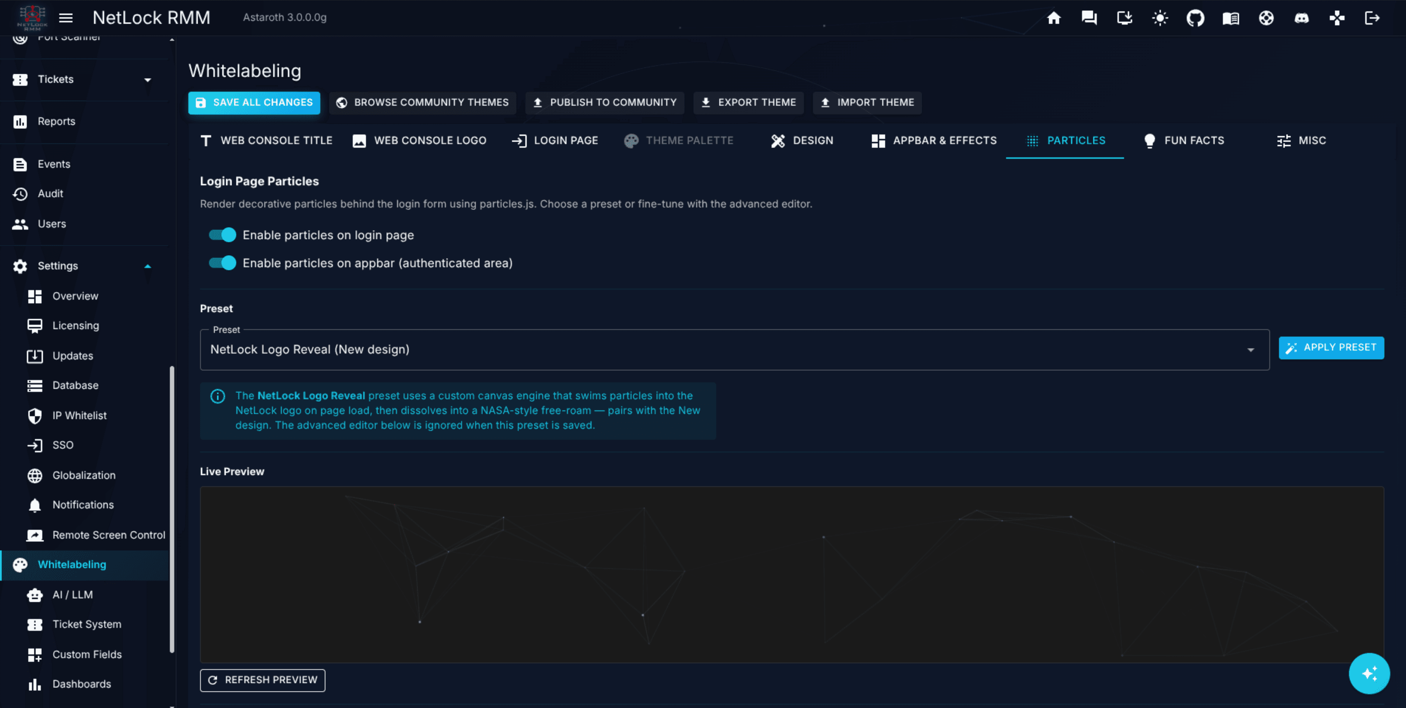 Whitelabeling page with the logo uploader and colour palette visible