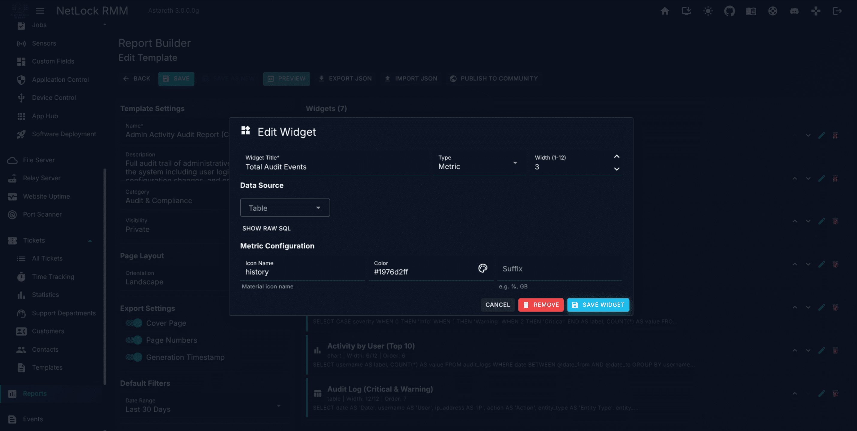 Widget Editor dialog for a chart widget with the data source tab active