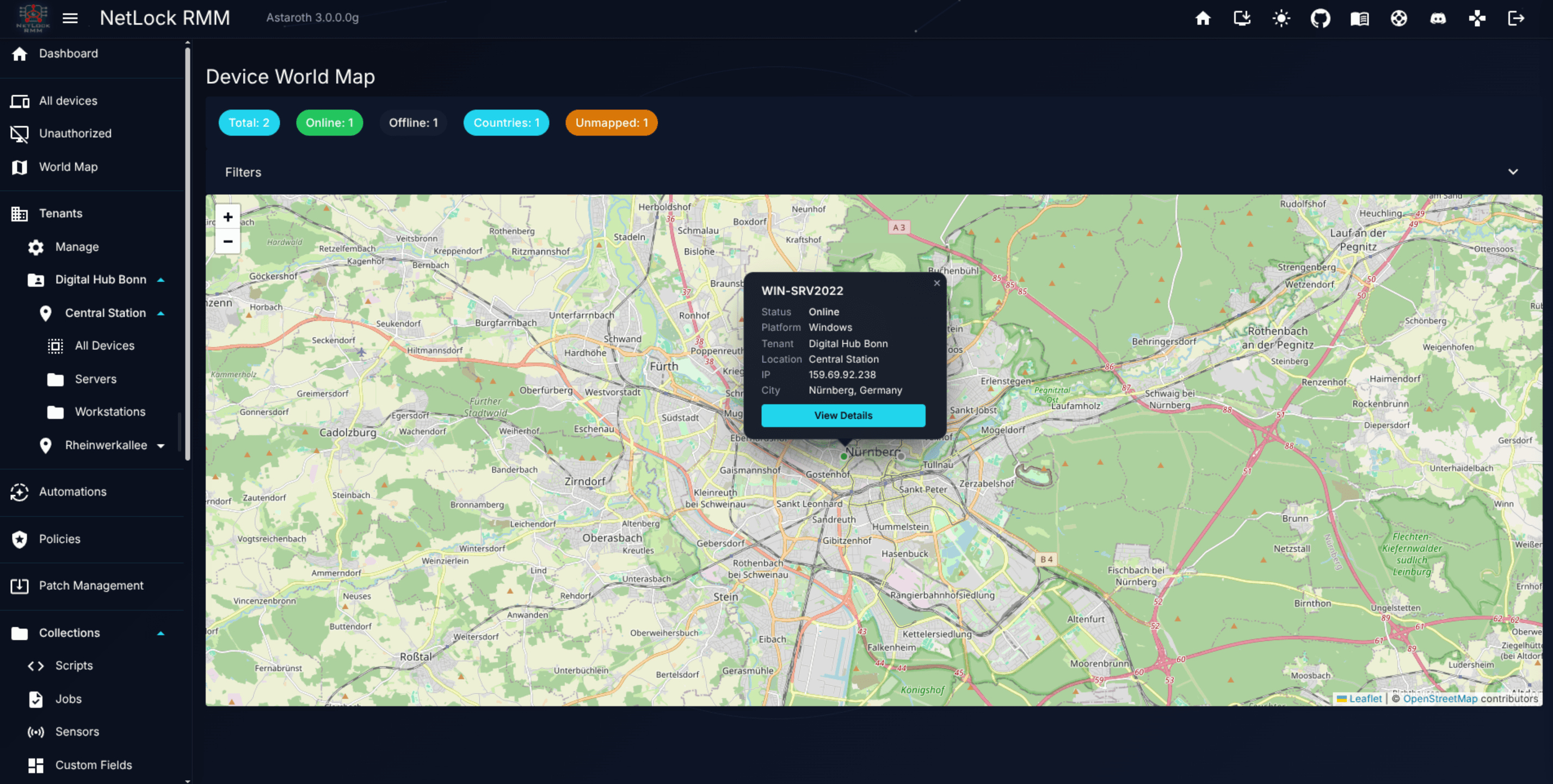 Device world map with clustered pins